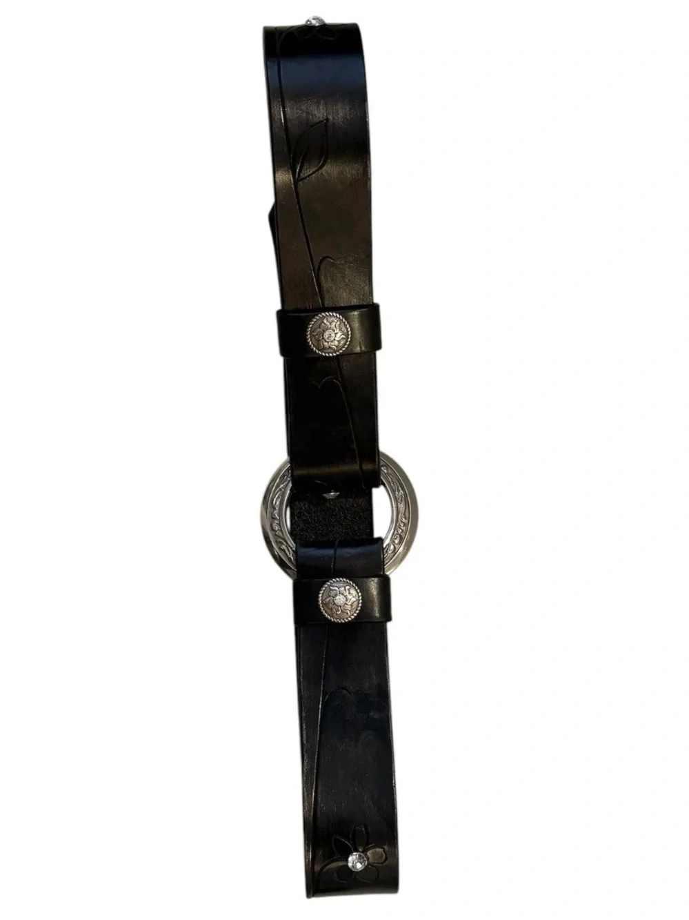 Vtg Al Stohlman Black Leather Belt Floral Rhinestone Western Boho Cowgirl Rodeo